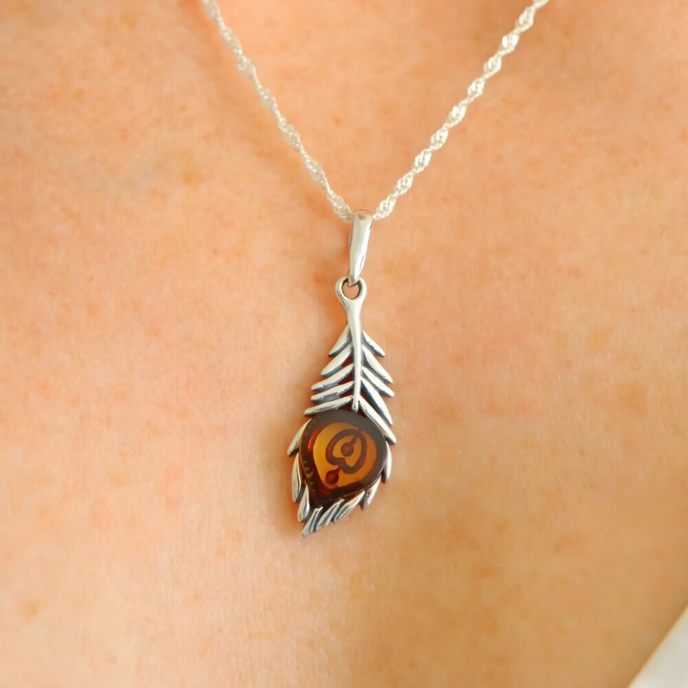 Silver Feather Pendant -Baltic Amber Necklace -s925